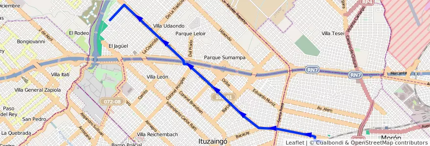 Mapa del recorrido Castelar-Sta.Cecilia de la línea 395 en Partido de Ituzaingó.