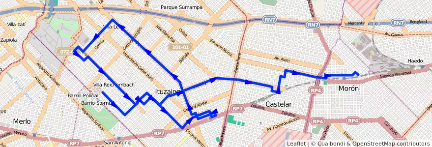 Mapa del recorrido Castelar-V.Las Nacion de la línea 395 en Buenos Aires.