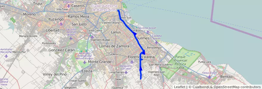 Mapa del recorrido CC Constitucion-Varel de la línea 148 en Буэнос-Айрес.