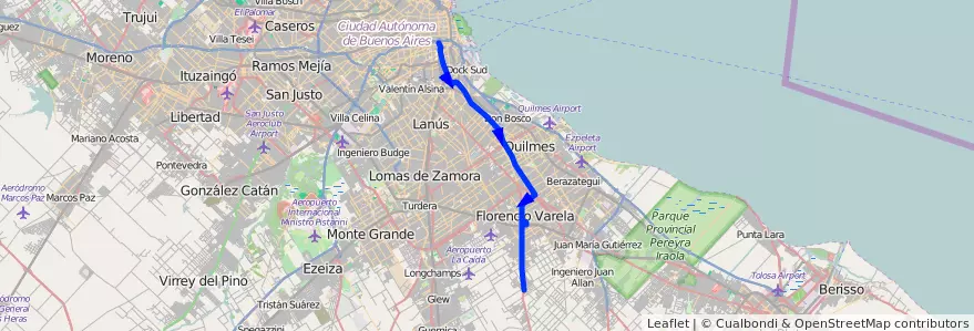 Mapa del recorrido CC Constitucion-Varel de la línea 148 en Buenos Aires.