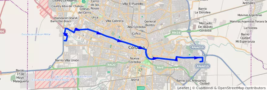 Mapa del recorrido Central de la línea E (Celeste) en Municipio de Córdoba.