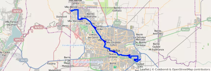 Mapa del recorrido Central de la línea T (Transversal) en Pedanía Capital.
