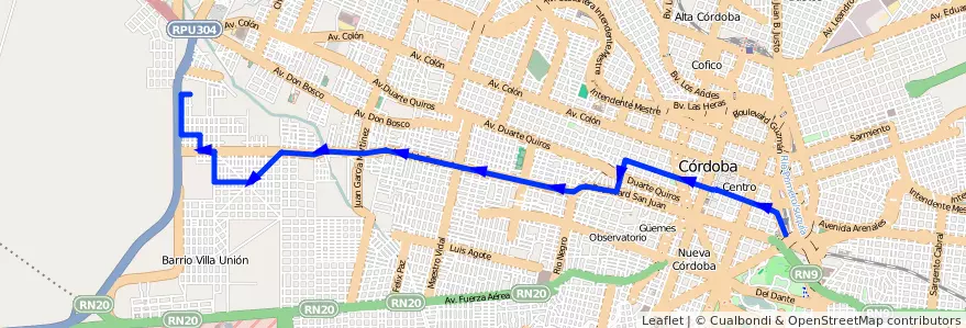 Mapa del recorrido Central de la línea V (Verde) en Municipio de Córdoba.