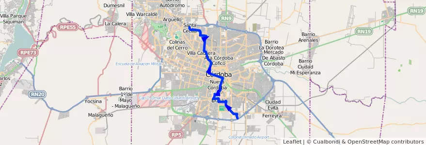 Mapa del recorrido Central de la línea A (Azul) en Municipio de Córdoba.