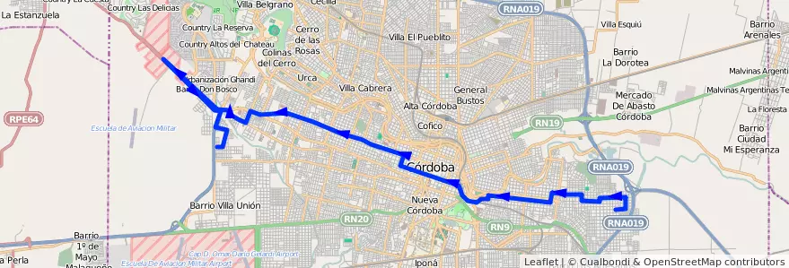 Mapa del recorrido Central de la línea E (Celeste) en Municipio de Córdoba.