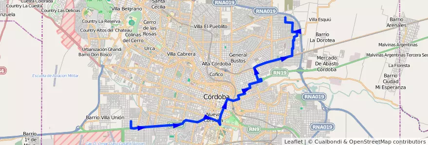 Mapa del recorrido Central de la línea C (Amarillo) en Municipio de Córdoba.