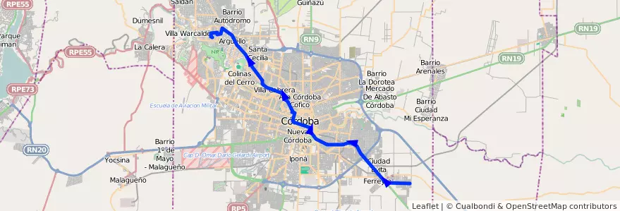 Mapa del recorrido Central de la línea N (Naranja) en Municipio de Córdoba.
