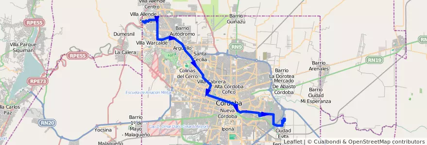 Mapa del recorrido Central de la línea T (Transversal) en Pedanía Capital.