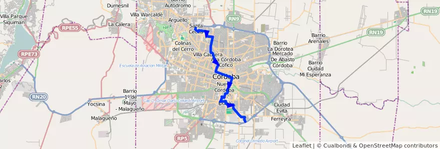 Mapa del recorrido Central de la línea A (Azul) en Municipio de Córdoba.