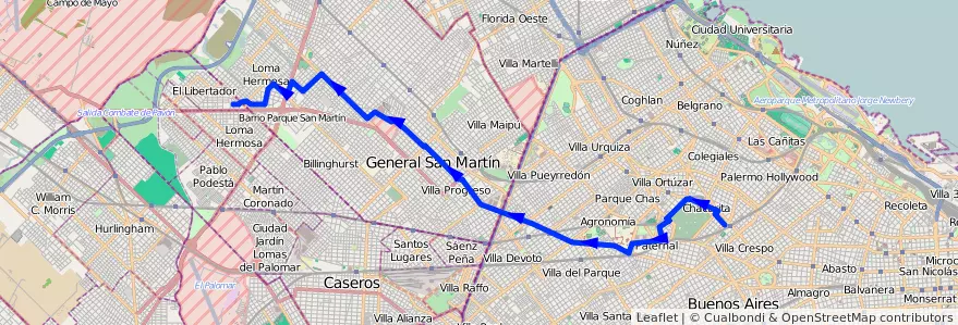 Mapa del recorrido Chacarita-3 de Febrero de la línea 78 en Arjantin.