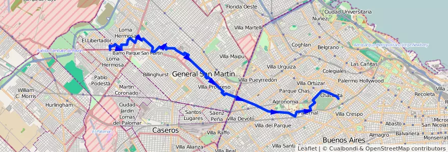 Mapa del recorrido Chacarita-3 de Febrero de la línea 78 en Argentina.