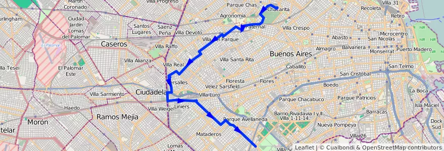 Mapa del recorrido x Nogoyá de la línea 47 en Буэнос-Айрес.