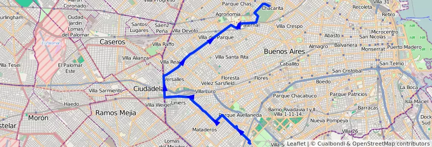 Mapa del recorrido x Nogoyá de la línea 47 en Буэнос-Айрес.