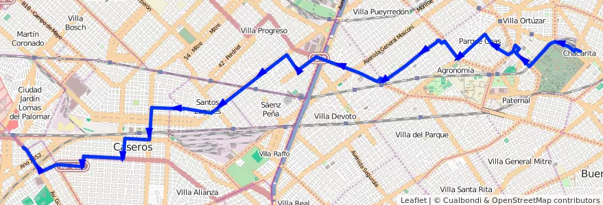 Mapa del recorrido Chacarita-El Palomar de la línea 123 en Arjantin.