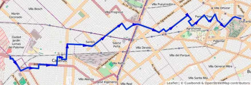 Mapa del recorrido Chacarita-El Palomar de la línea 123 en Argentinië.