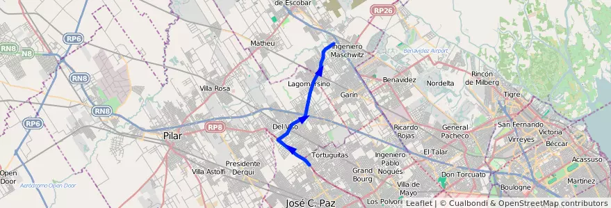 Mapa del recorrido Chacarita-Escobar de la línea 176 en Buenos Aires.