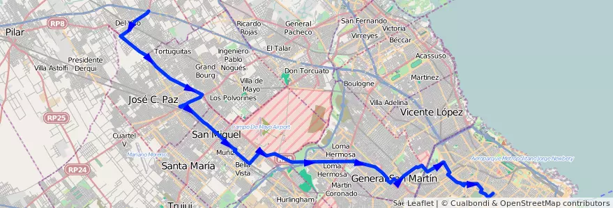 Mapa del recorrido Chacarita-Escobar de la línea 176 en Buenos Aires.