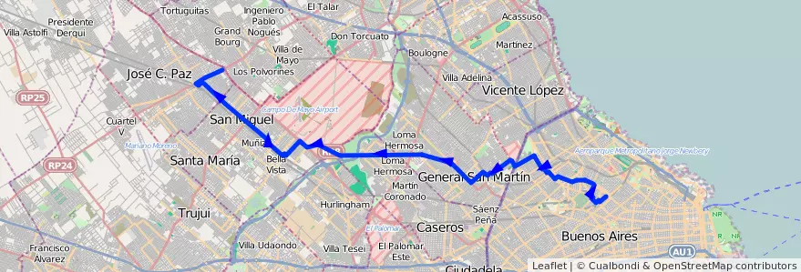 Mapa del recorrido Chacarita-J. C. Paz de la línea 176 en Argentina.