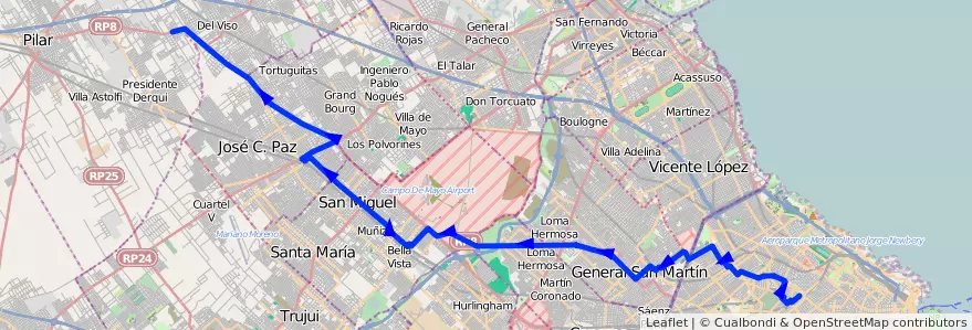 Mapa del recorrido Chacarita-Pilar de la línea 176 en Buenos Aires.
