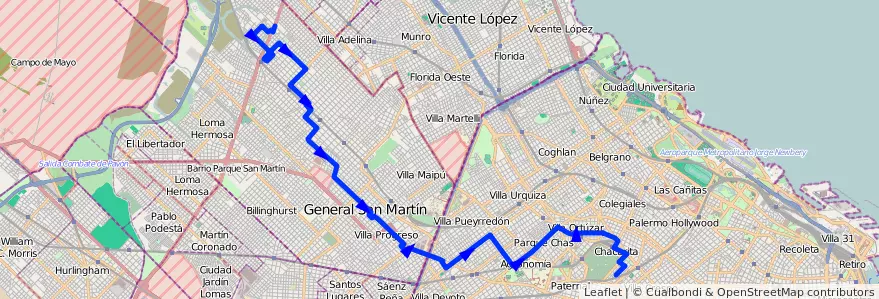 Mapa del recorrido Chacarita-San Martin de la línea 87 en Arjantin.
