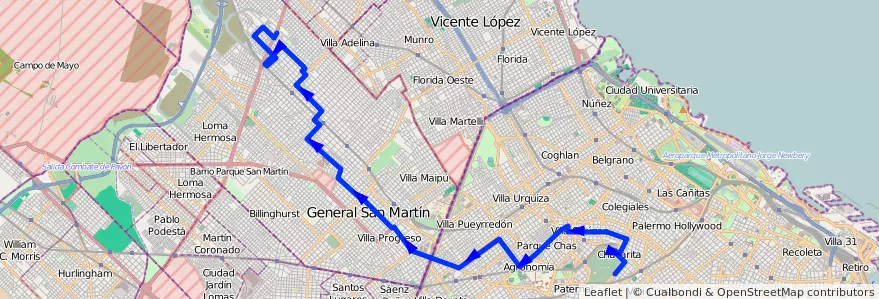 Mapa del recorrido Chacarita-San Martin de la línea 87 en Argentinië.