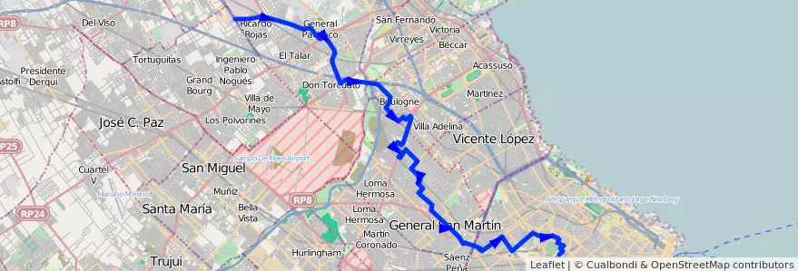 Mapa del recorrido Chacarita-Tigre de la línea 87 en Arjantin.