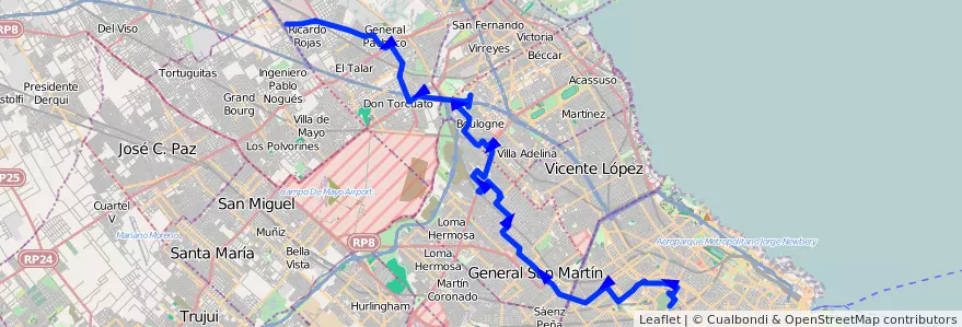 Mapa del recorrido Chacarita-Tigre de la línea 87 en Argentinië.