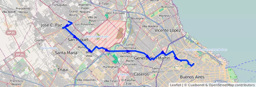 Mapa del recorrido Chacarita-Tortuguitas de la línea 176 en 아르헨티나.