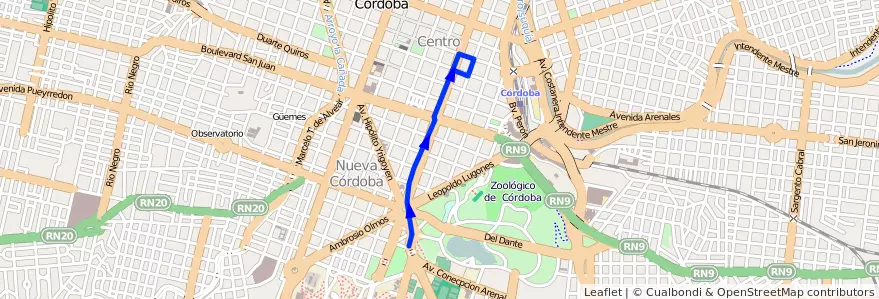 Mapa del recorrido Ciudad Universitaria de la línea V (Verde) en Municipio de Córdoba.