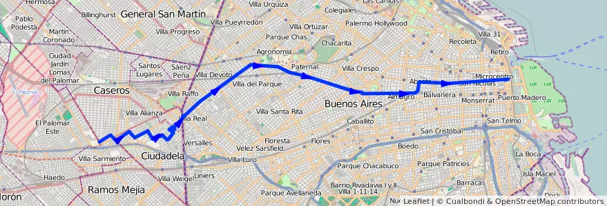 Mapa del recorrido Ciudadela-Creo.Centra de la línea 146 en Argentina.