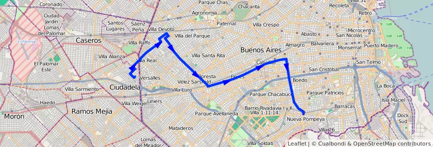 Mapa del recorrido Ciudadela-Pompeya de la línea 85 en Буэнос-Айрес.