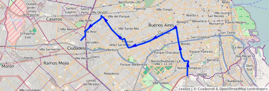 Mapa del recorrido Ciudadela-Pompeya de la línea 85 en Ciudad Autónoma de Buenos Aires.