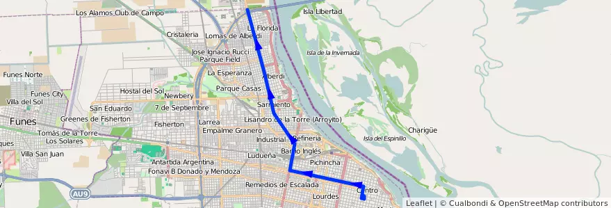 Mapa del recorrido  Clarke de la línea Serodino en روساريو.