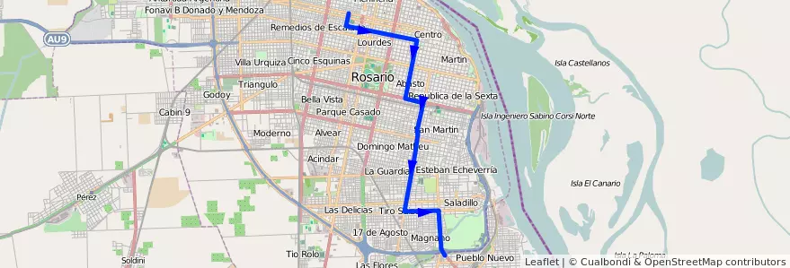 Mapa del recorrido  Común de la línea M en Rosario.
