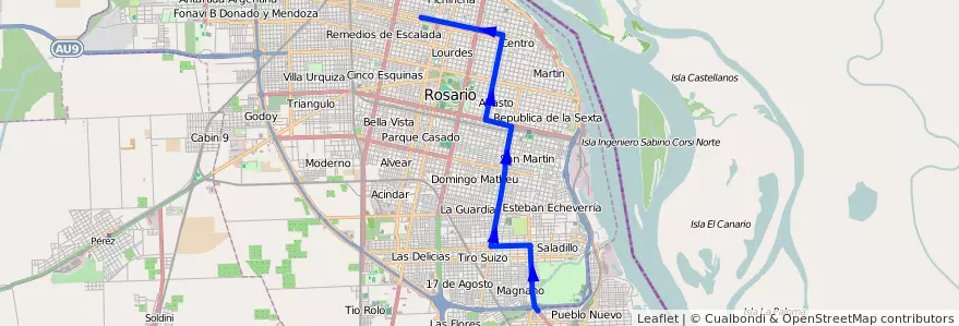 Mapa del recorrido  Común de la línea M en Rosário.