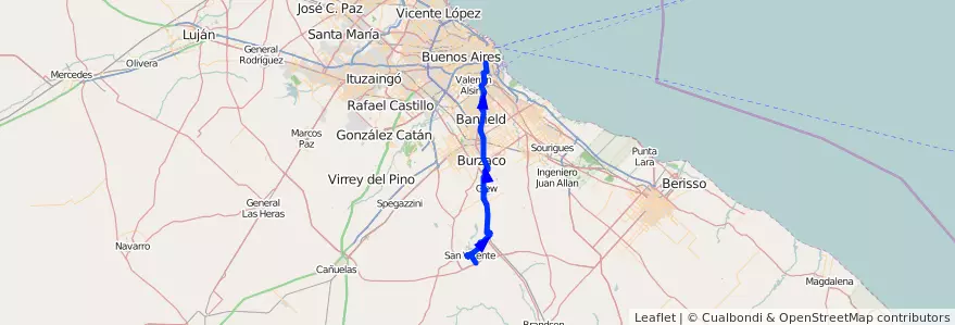 Mapa del recorrido Const.-San Vicente de la línea 79 en Buenos Aires.