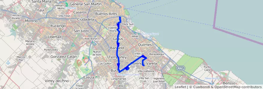 Mapa del recorrido Const.-Varela x 1 de la línea 79 en Buenos Aires.