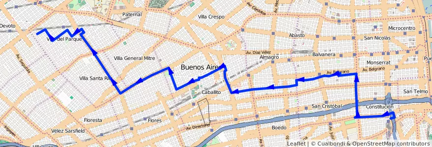 Mapa del recorrido Const.-V.Del Parque de la línea 84 en Ciudad Autónoma de Buenos Aires.