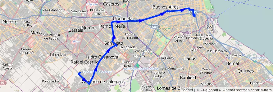 Mapa del recorrido Const.-V.Scasso de la línea 96 en Argentina.