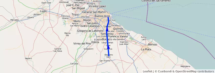 Mapa del recorrido Constitucion-Alejandro Korn de la línea Ferrocarril General Roca en استان بوئنوس آیرس.