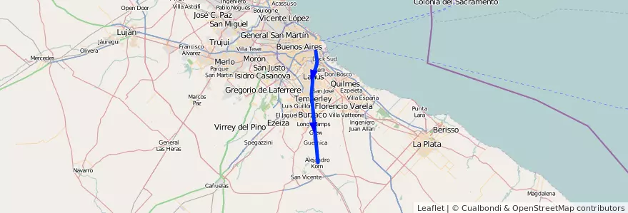 Mapa del recorrido Constitucion-Alejandro Korn de la línea Ferrocarril General Roca en Province de Buenos Aires.