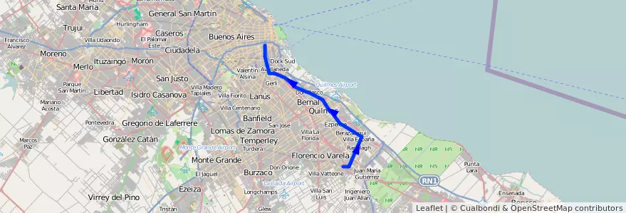 Mapa del recorrido Constitucion-Bosques de la línea Ferrocarril General Roca en Buenos Aires.