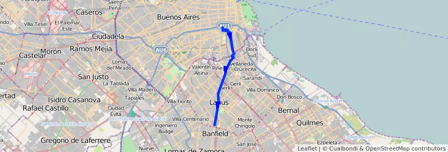 Mapa del recorrido Constitucion-Canuelas de la línea 51 en Argentina.