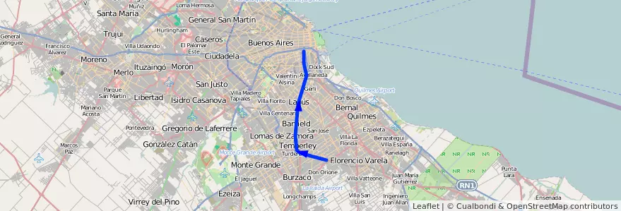 Mapa del recorrido Constitucion-Claypole de la línea Ferrocarril General Roca en استان بوئنوس آیرس.