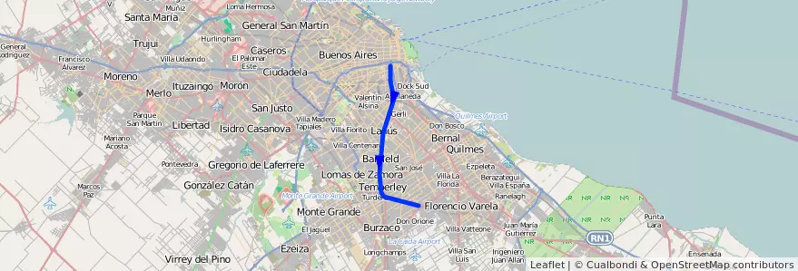 Mapa del recorrido Constitucion-Claypole de la línea Ferrocarril General Roca en Province de Buenos Aires.