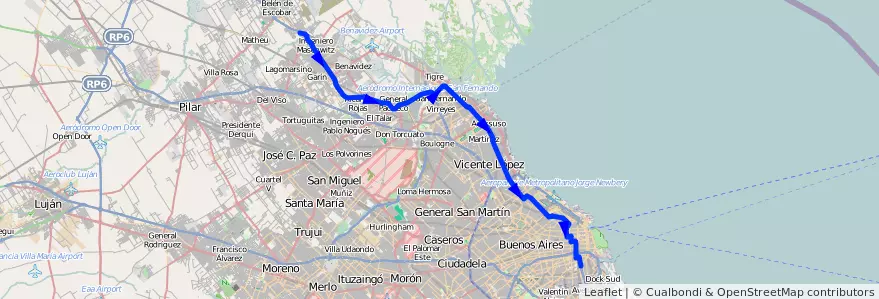 Mapa del recorrido Constitucion-Escobar de la línea 60 en Argentinië.