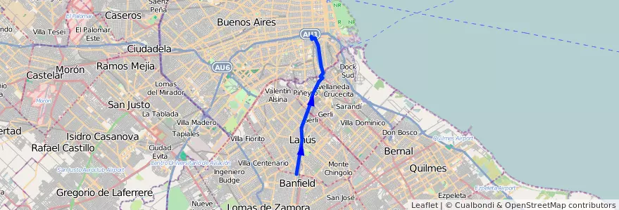 Mapa del recorrido Constitucion-Glew de la línea 51 en Argentina.