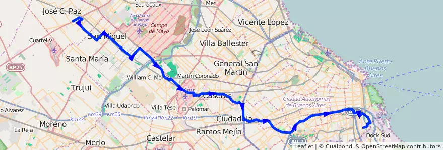 Mapa del recorrido Constitucion-J.C.Paz de la línea 53 en 阿根廷.