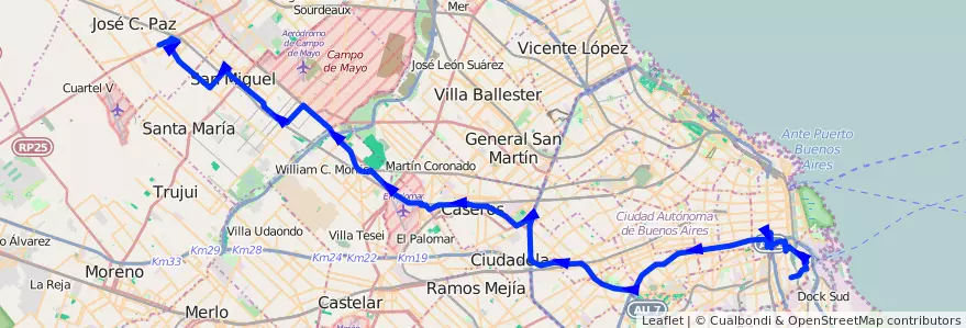 Mapa del recorrido Constitucion-J.C.Paz de la línea 53 en الأرجنتين.