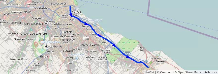 Mapa del recorrido Constitucion-La Plata (vía Quilmes) de la línea Ferrocarril General Roca en 布宜诺斯艾利斯省.